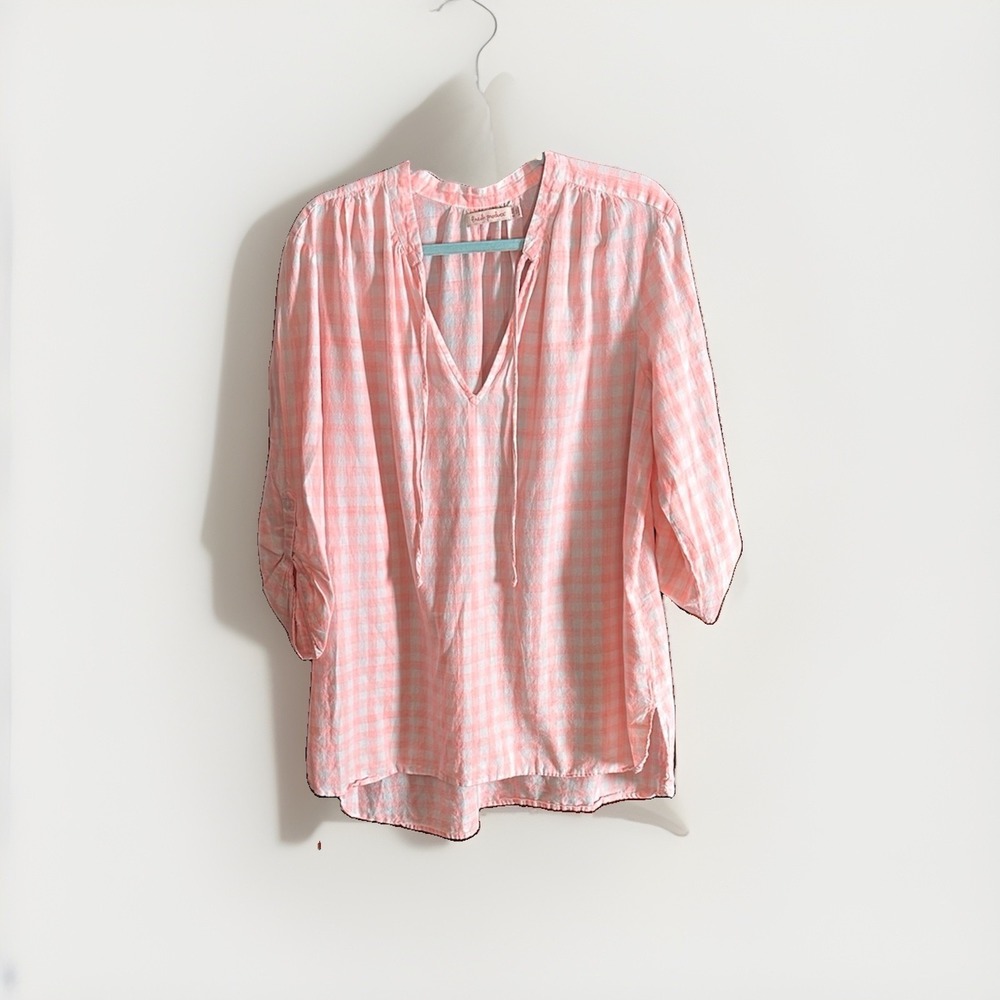 Fresh Produce Pink Gingham Cotton Gauze Tunic Top Roll Tab Sleeve XL XXL